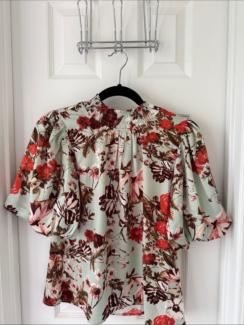 THML Floral Puff-Sleeve Smocked Neck Top in Mint
